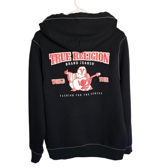 True Religion Hoodie Black Full Zip World Tour Red Logo Mens Medium M - Picture 8 of 14